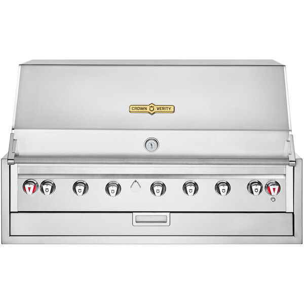 A stainless steel Crown Verity built-in grill with knobs.