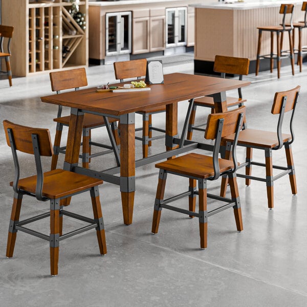 Lancaster Table & Seating Industrial 30" x 60" Rustic Walnut Finish Solid Wood Live Edge Standard Height Trestle Table with 6 Chairs
