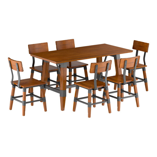 Lancaster Table & Seating Industrial 30" x 60" Rectangular Rustic Walnut Finish Solid Wood Live Edge Standard Height Trestle Table with 6 Chairs
