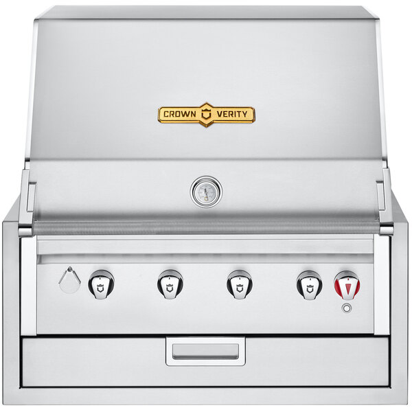 A stainless steel Crown Verity built-in grill with knobs.