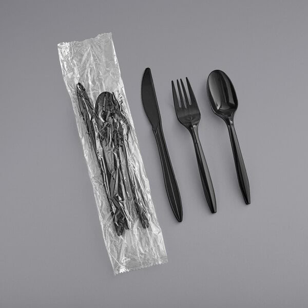 Choice Medium Weight Black Wrapped Plastic Cutlery Set with Knife