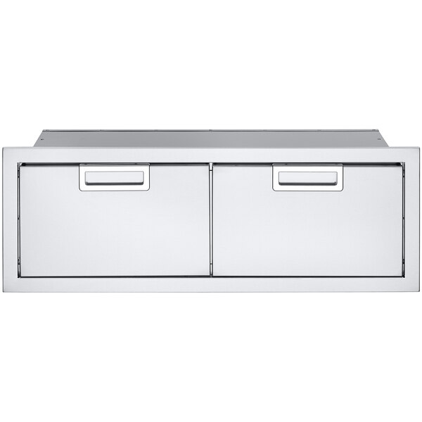 A stainless steel Crown Verity built-in storage cabinet with two drawers.