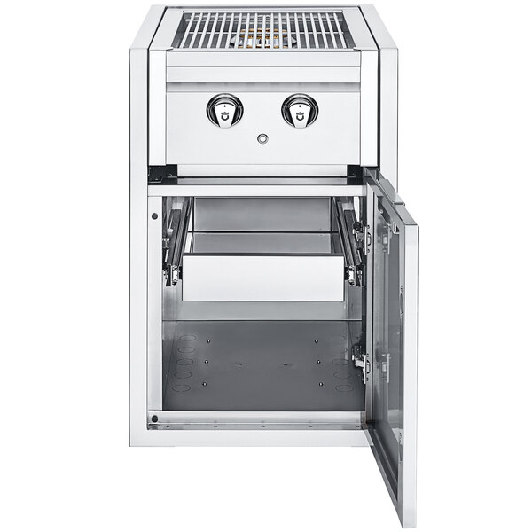 A stainless steel Crown Verity built-in cabinet with a rectangular grill and two side burners.