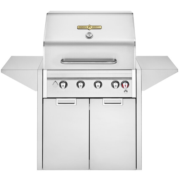 A stainless steel Crown Verity portable outdoor grill with two doors.