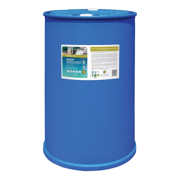 A blue drum with a label reading "ECOS Pro Wave 55 Gallon Automatic Commercial Dish Machine Detergent Liquid"