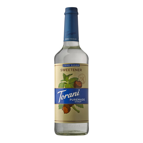 A Torani Puremade Zero Sugar Sweetener Syrup bottle with a label.