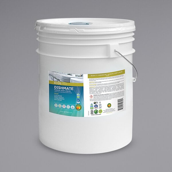 A white bucket with a label for ECOS Pear Scented Dishmate.