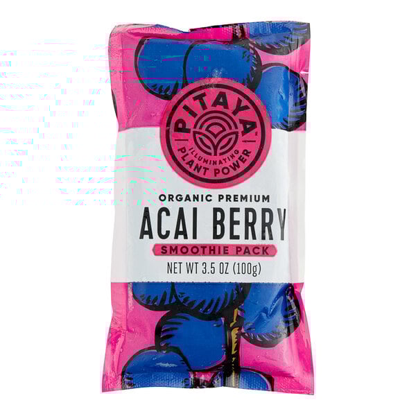 A Pitaya Foods package of unsweetened organic acai berry smoothie powder.