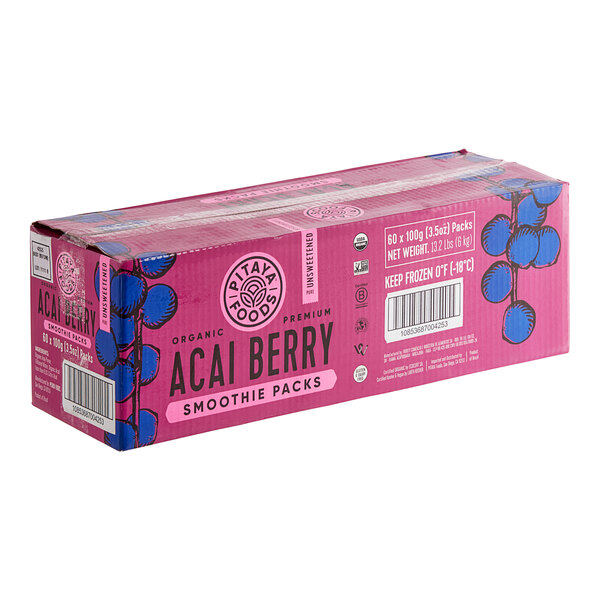 A pink box of Pitaya Foods Acai Berry Smoothie packs with blue and black text.