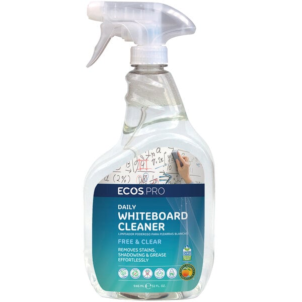 A white spray bottle of ECOS Free and Clear whiteboard cleaner with a blue label.