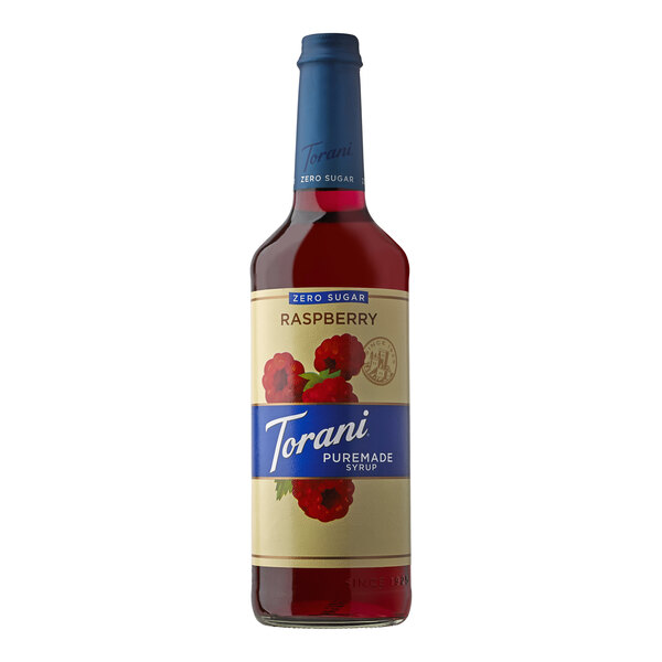 A Torani Puremade Zero Sugar Raspberry Flavoring Syrup 750 mL glass bottle with a label.