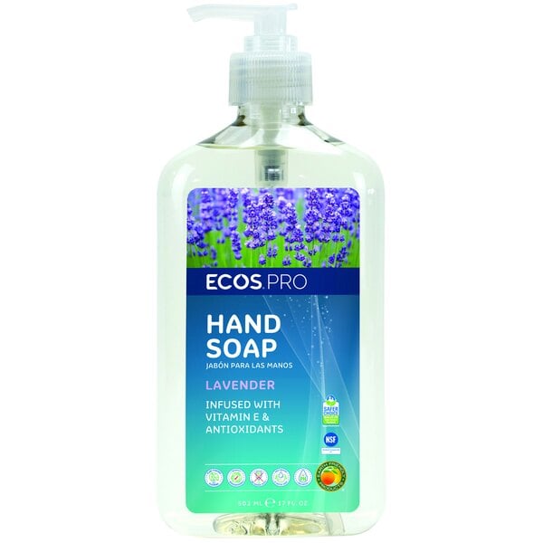 A plastic bottle of ECOS Pro Lavender Hand Soap on a counter.