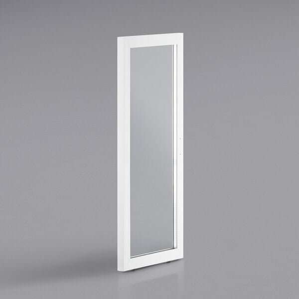 A white rectangular door with a glass panel and a white frame.