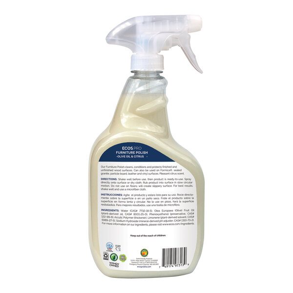 A 32 fl. oz. spray bottle of ECOS Pro lemon scented furniture polish.