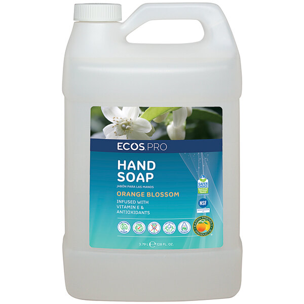 A white plastic jug of ECOS Pro Orange Blossom Scented Hand Soap with a label.