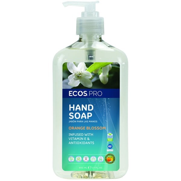 A plastic bottle of ECOS Pro Orange Blossom Scented Hand Soap with a pump.