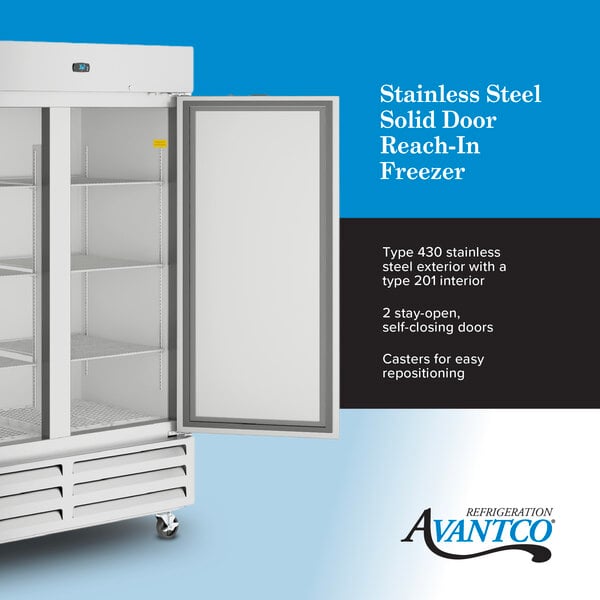 A stainless steel solid door reach-in freezer with two doors, interior shelving, and casters for mobility.