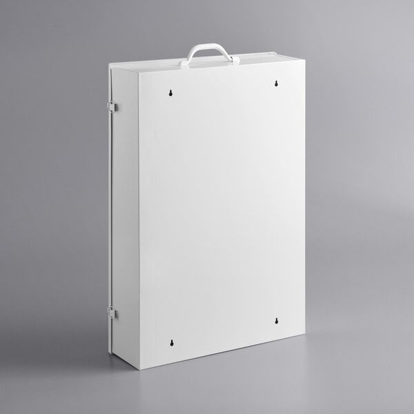 A white rectangular Medique first aid cabinet with a handle.