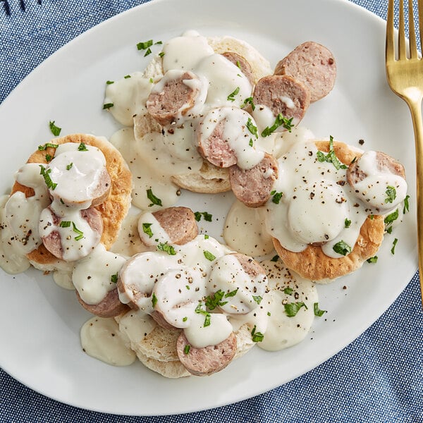 Warrington Farm Meats Country Sausage Links on a plate with sausage biscuits and gravy.