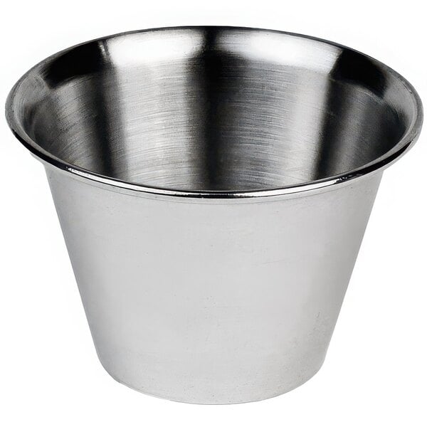 A silver stainless steel Vollrath round sauce cup.