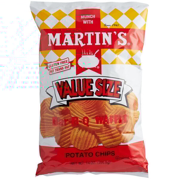 A case of Martin's BBQ Waffle Chips with 6 bags inside.