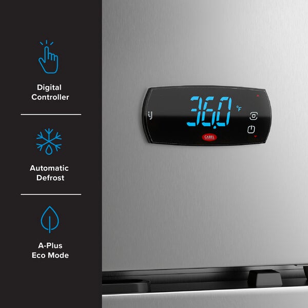 A stainless steel reach-in refrigerator with a digital controller display showing the temperature.