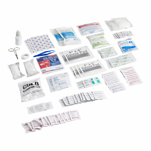 A first aid kit refill set containing various medical supplies for up to 25 people.