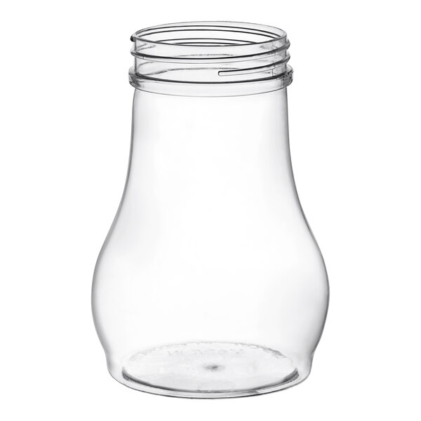 A clear polycarbonate teardrop syrup server jar with a lid.
