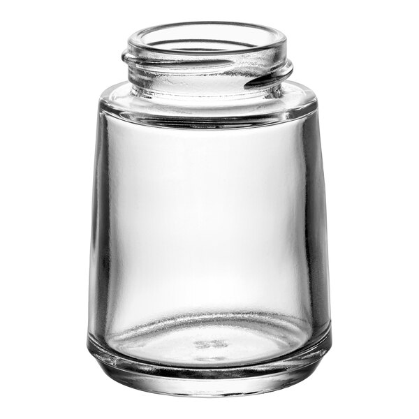 A clear glass salt and pepper shaker jar with a wide opening and a 2 oz. capacity.