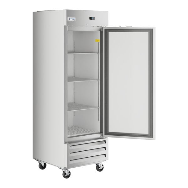 An Avantco stainless steel reach-in refrigerator with an open door.