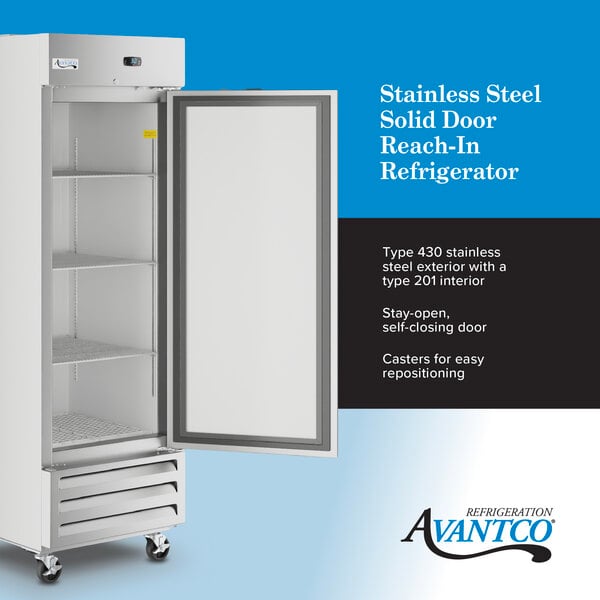 A stainless steel solid door reach-in refrigerator with adjustable shelves and casters for mobility.