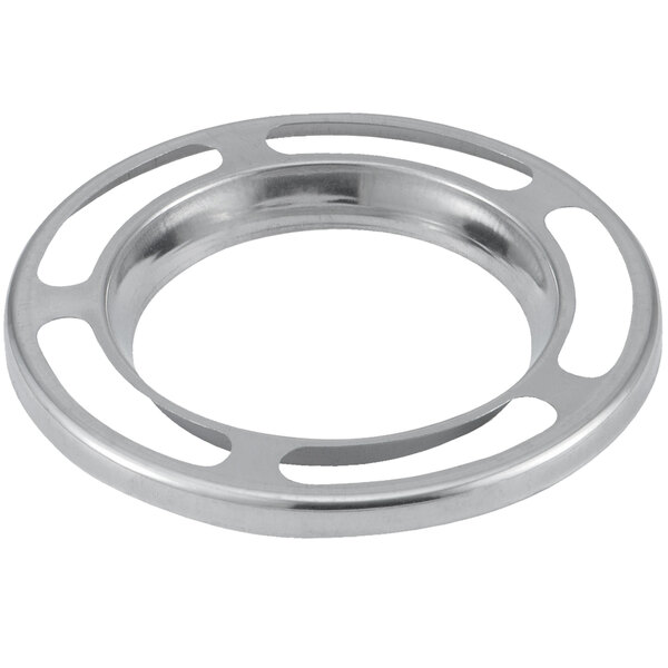 A silver circular object with holes.