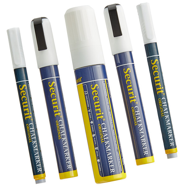 An American Metalcraft Securit white chalk marker set with blue and yellow caps.