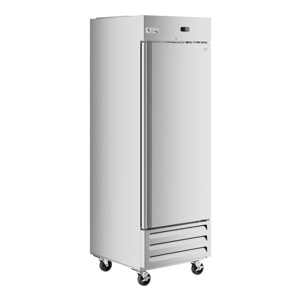 A stainless steel Avantco reach-in freezer with a solid door.