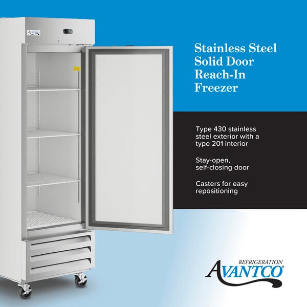 A stainless steel solid door reach-in freezer with adjustable shelves and casters for mobility.