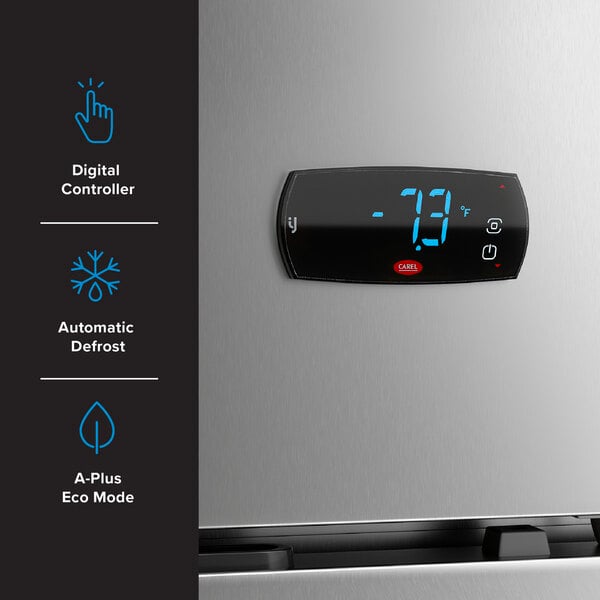 A stainless steel reach-in freezer with a digital controller display showing temperature, automatic defrost, and eco mode features.