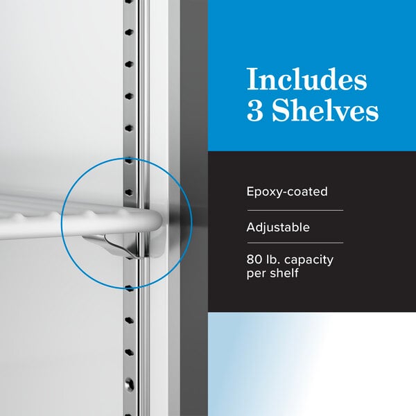 A stainless steel solid door reach-in freezer with three adjustable, epoxy-coated shelves, each with an 80 lb. capacity.