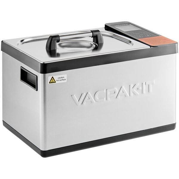 A silver and black rectangular VacPak-It thermal sous vide circulator.