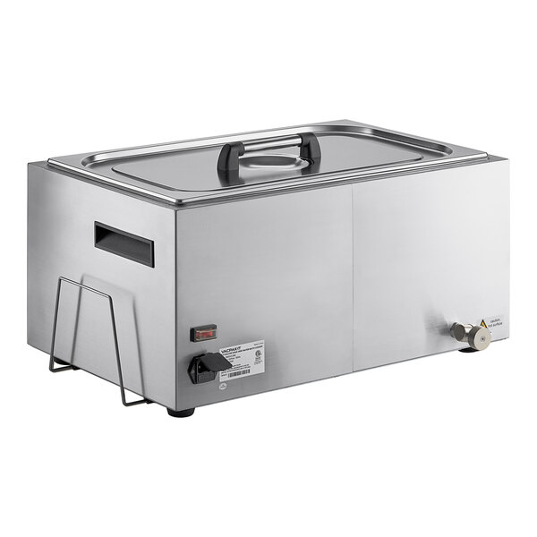 A stainless steel VacPak-It thermal sous vide circulator in a rectangular silver container with a lid.