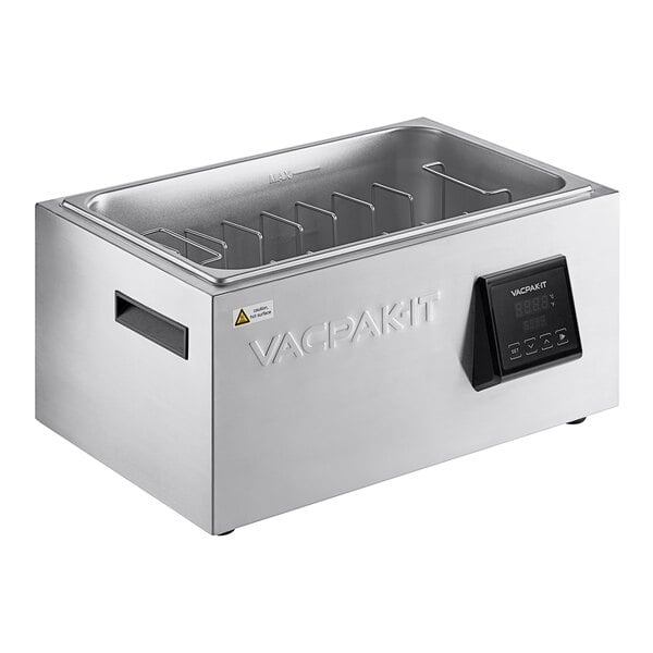 A silver rectangular VacPak-It thermal sous vide circulator with a black screen and buttons.