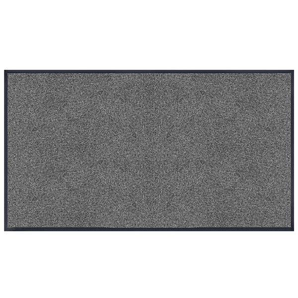 A grey rectangular rug with black trim.