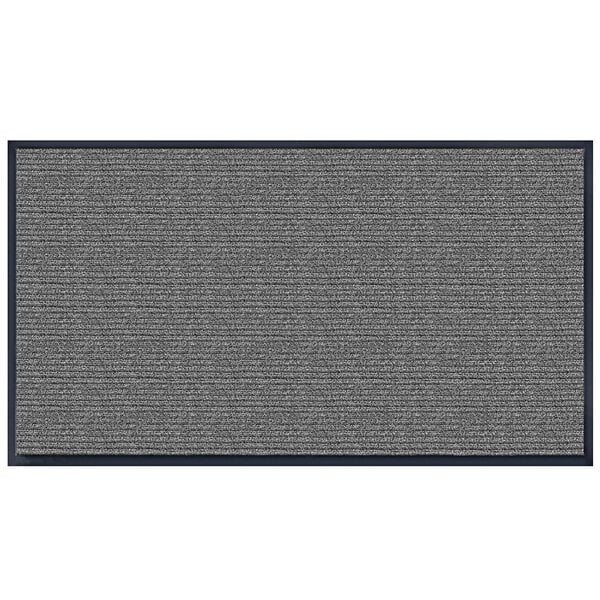 A grey rectangular rug with black border.