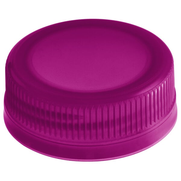 A close-up of a violet tamper-evident cap on a white background.
