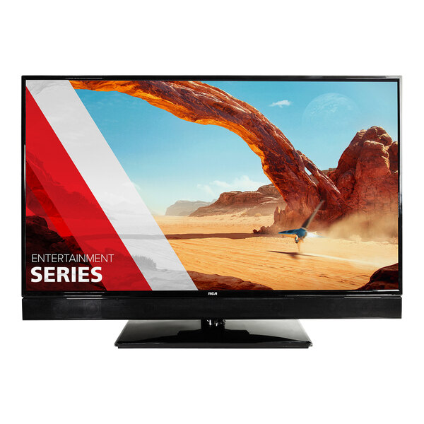 A white RCA 43" 4K UHD television with the Entertainment Series logo on the screen.