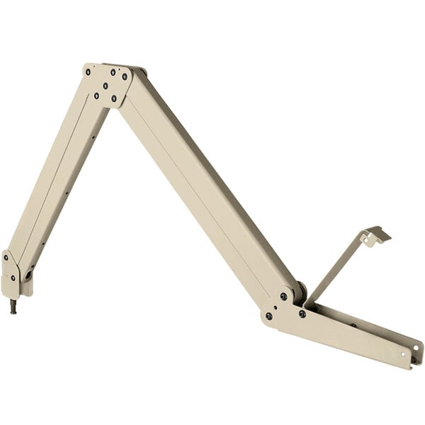 A white metal arm with a plastic handle.