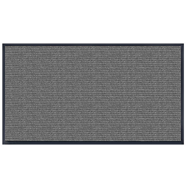 A grey rectangular carpet with black trim.