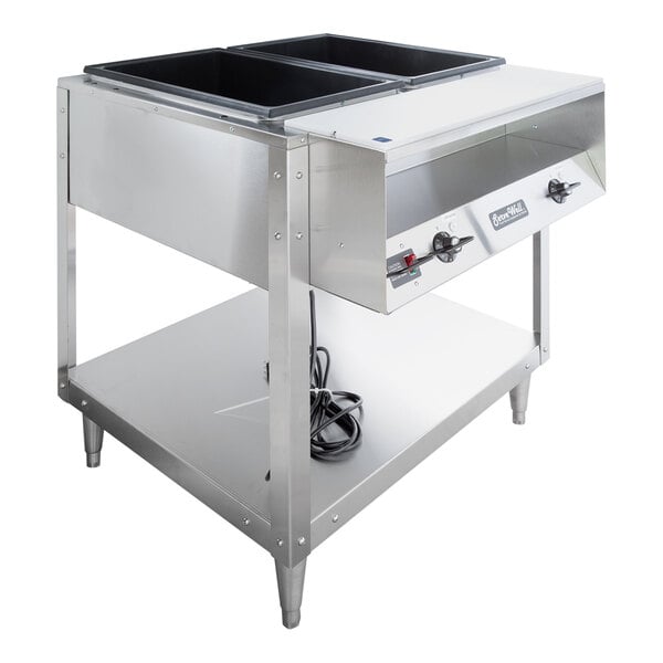 A stainless steel electric two-pan hot food table with a lower shelf and control knobs on the front.