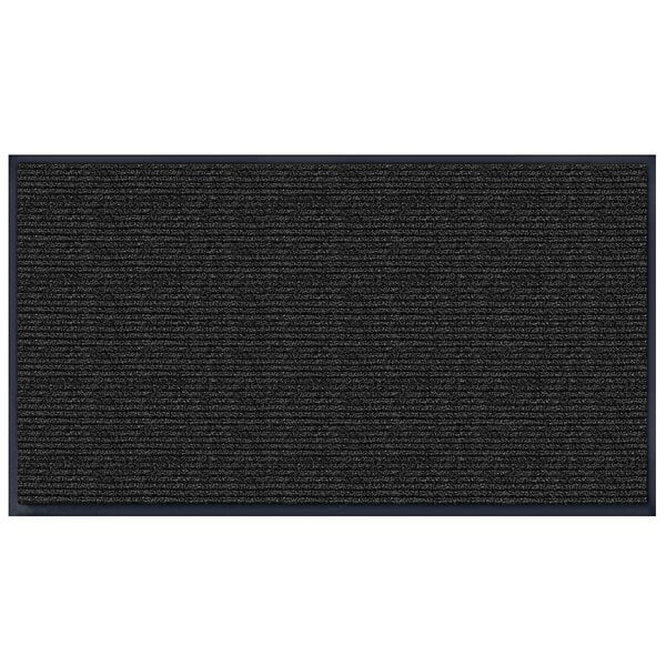 A black rectangular entrance mat with a black border and white text.
