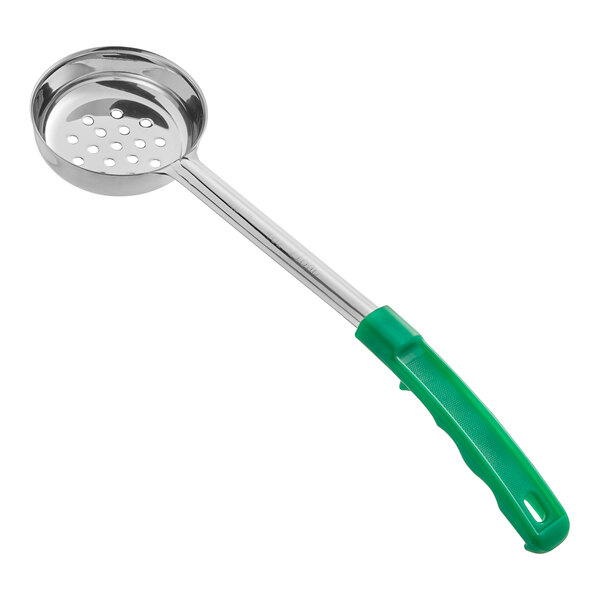 A silver portion spoon with a green handle.