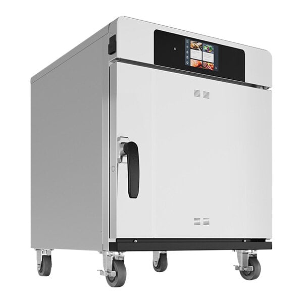 A large silver Alto-Shaam Cook and Hold Smoker Oven with black wheels.